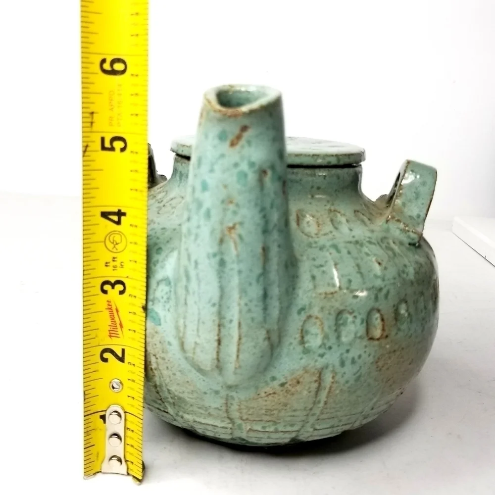 Rare Unique Vintage Art Pottery Green TeaPot , Artist Signed 12/25/75
